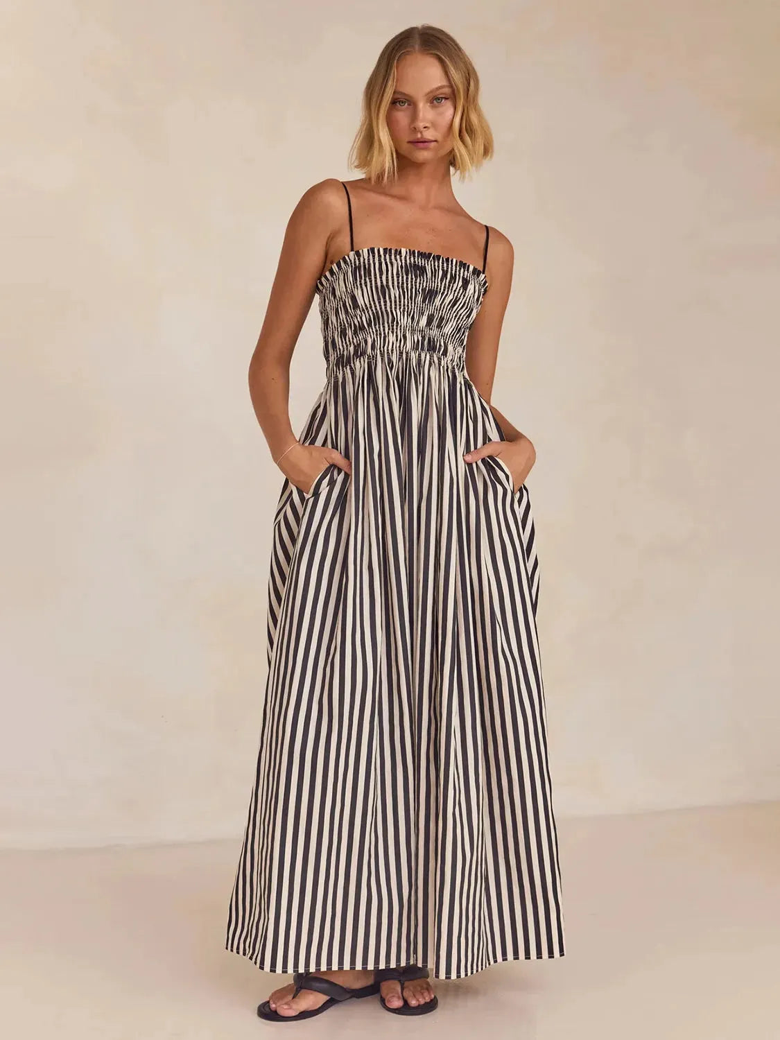 Smocked Striped Square Neck Cami Dress Black White Casual Dresses - Tophatter Daily Deals